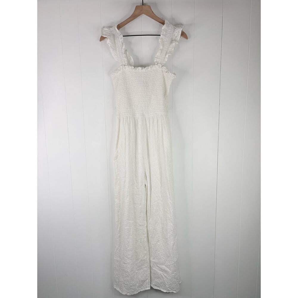 Lulus Easy Loving White Smocked Eyelet Lace Wide-Leg Jumpsuit Large - Picture 4 of 10